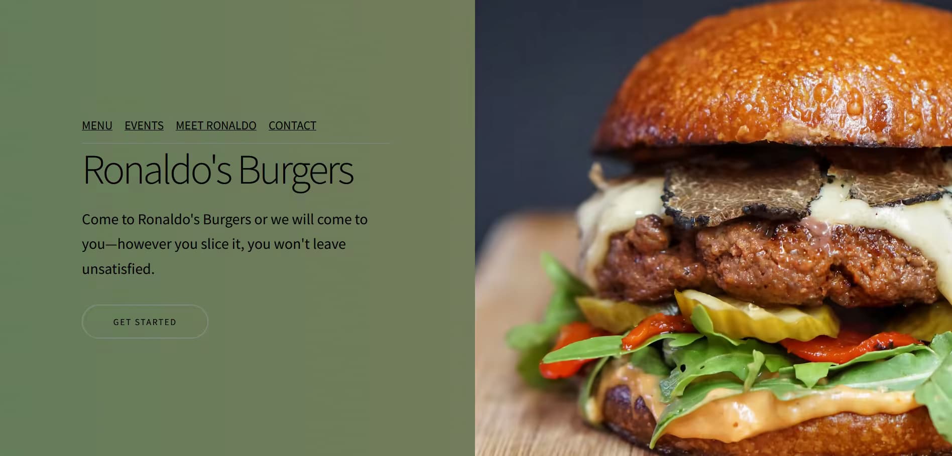 A landing page for Ronaldo's Burgers. An image of cheeseburger on a cutting board is to the right of the slogan