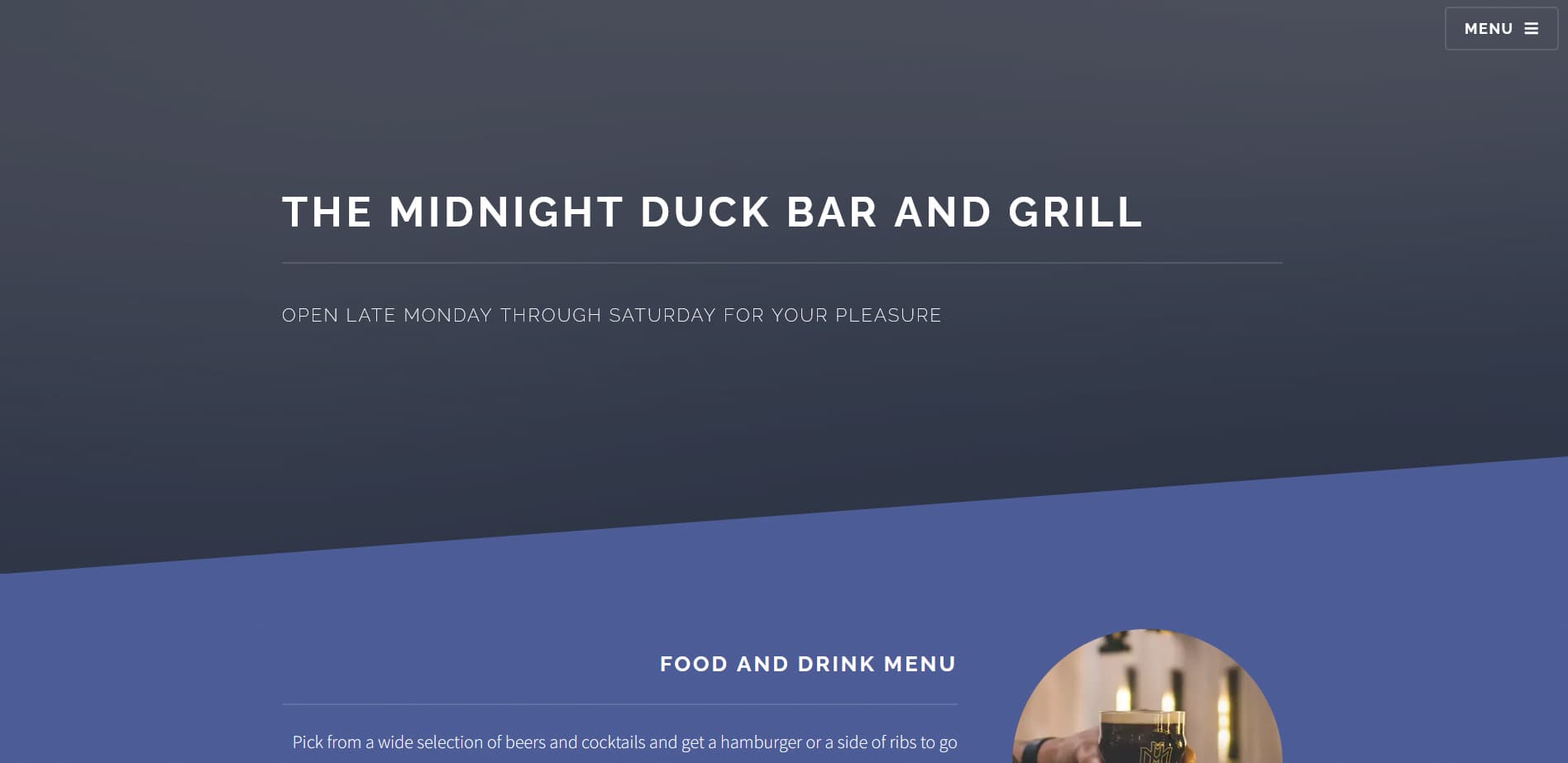 The Midnight Duck site. A food and drink menu section is visible below the title