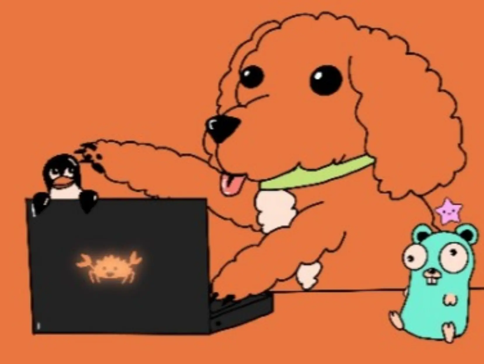 A LinkedIn banner with a Goldendoodle typing on a laptop. The Go Gopher, Ferris the Crab, Lucy from Gleam, and Tux from Linux are all around the area
